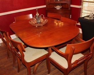 Morganton cherry dining table, 60" as shown, plus two 12" leaves; one armchair and 5 side chairs