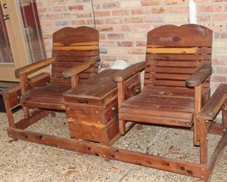 cedar two-seat gliders with cooler in center