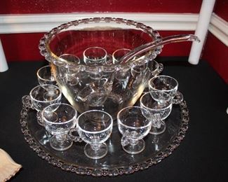 crystal punch bowl, cups and ladle