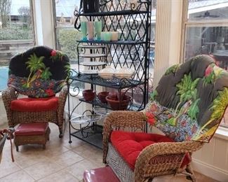 Wicker arm chairs and baker's rack