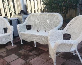 White woven vinyl  arm chairs and settee, wicker look