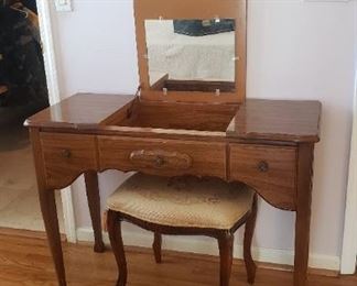 Vanity with mirror; needlepoint stool