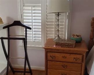 Matching night table; lamp with metal and lucite base; Fitz and Floyd bowl