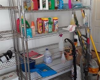 Metal shelving; cleaning products, vacuum cleaners