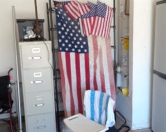 File cabinet, metal four-drawer, shower seat, American flags