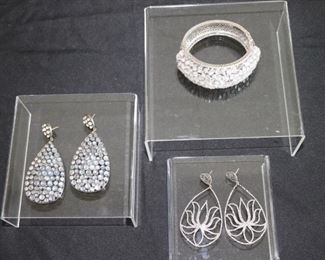 Sparkling Lot Of Fine Costume Jewelry  Cuff Bracelet & Two Pairs Of Dangly Earrings. Will ship.