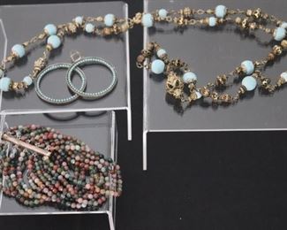 Fine Costume Jewelry  Pair Of Sterling & Turquoise Hoop Earrings, Beaded Bracelet, Nakshi Ball & Bead Necklace. Will Ship