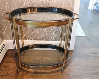 Antique Asian Style Oval Tea Cart By B Rhone For Mastercraft - Detailed Metal Relief Bands, Brass, & Casters
