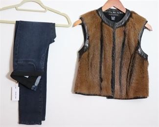 Ralph Lauren Mink Like Fur - Leather Trim Vest & Helmet Lang Stretch Denim Jeans  Womens Size Small/25(US)