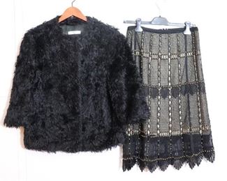 Prada Black Mohair Faux Fur Jacket & Kobi Halperin Crocheted Skirt With Silk Lining  Womens Size 38(IT) 
