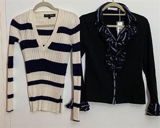 Proenza Schouler Knit Striped V Neck Sweater & Anne Fontaine Ruffle Blouse In Navy & Cream