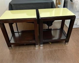 Pair Of Baker Furniture Modern Style Wood End Tables With Nickel Finish Feet & Pale Yellow Backed Glass Tops