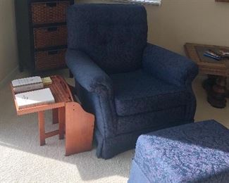 Beautiful, royal blue single chair with foot stool and side table.
