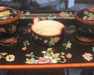 Oriental Inkwell Set with Tray, Stamped "Davenport": $250 