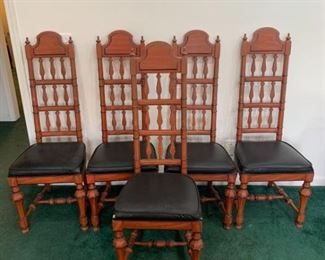This is an set of 5 high back antique styled chairs. They are in good condition with some signs of wear in the finishes of each chair. Some small tearing on a couple of seat cushions and some damage on the back of one of the chairs. Overall a great set of antique chairs.

https://ctbids.com/#!/description/share/755981