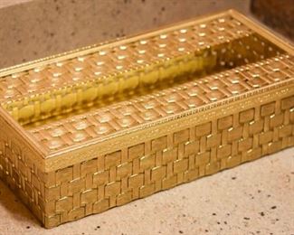 gold tissue holder, gold color finish, basket weave pattern