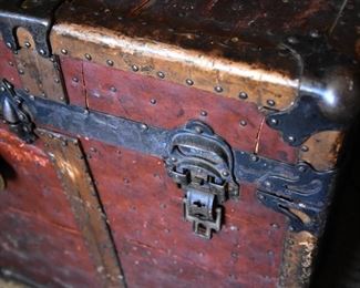 red leather travel trunk detail, good condition