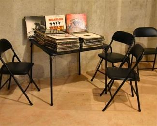 folding card table with (4) four folding chairs, vinyl record collection 