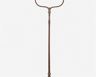 16
A Tiffany Studios Harp Floor Lamp
Circa 1902-1919; New York, NY
Shade signed: L.C.T.; Base signed: Tiffany Studios / New York / 423 H
The green iridescent damascene Favrile glass shade on a single-light patinated bronze harp base with plain stem and floral socket cover raised on five curved legs with spade feet, electrified
Overall: 57.75" H x 16" Dia.; Shade: 12" Dia.
Estimate: $7,000 - $9,000