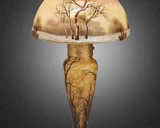 73
A Daum Cameo Glass And Enameled "Paysage D'Hiver" Boudoir Lamp
First-quarter 20th Century; Nancy, France
Signed: Daum Nancy [Croix de Lorraine]
The acid-etched cameo glass boudoir lamp with enameled winter woodland scene over pink and yellow frost with domical shade on an illuminated and tapered base, electrified
Overall: 13.5" H x 7.25" Dia.
Estimate: $7,000 - $9,000