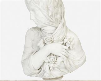 90
A Marble Bust Of A Veiled Woman
Fourth-quarter 19th Century
Apparently unsigned
The marble bust depicting a veiled woman with one arm resting across her chest holding flowers, raised on a circular plinth
Overall: 27" H x 16" W x 10" D
Estimate: $1,000 - $2,000