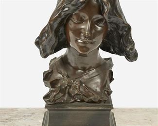 101
Pierre-Félix Masseau
1869-1937, French
Bust Of A Woman With Bow Collar
Patinated bronze on bronze plinth
Signed: Fix. Masseau
16" H x 12.5" W x 9" D; Overall: 20" H x 12.5" W x 9" D
Estimate: $600 - $800