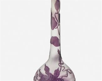 125
A Tall Gallé Cameo Glass "Clematis" Vase
Late 19th/early 20th Century; Nancy, France
Etched signature to underside: Galle / depose
The acid-etched cameo glass "Clematis" vase with long neck and bulbous base cut from purple to clear
13.75" H x 5" W x 4" D
Estimate: $800 - $1,200