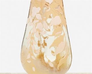 126
A Tall Gallé Cameo Glass "Wisteria" Vase
Late 19th/early 20th Century; Nancy, France
Signed: Galle
The acid-etched cameo glass "Wisteria" vase with tapered ovoid body cut from pale pink and peach to clear
11.5" H x 6" W x 4.5" D
Estimate: $1,000 - $1,500