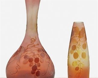 131
Two Gallé "Grapes And Vines" Cameo Glass Vases
Late 19th/early 20th Century; Nancy, France
Each signed: Galle
Each acid-etched cameo glass cut from amber to pink frost with "Grapes and Vines" motif, comprising one tapered tall-neck vase with triform rim and one tapered bud vase, 2 pieces
Largest: 10.25" H x 5" W x 4.25" D
Estimate: $800 - $1,200