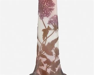 132
A Tall Gallé Cameo Glass "Violet" Vase
Circa 1904-1906; Nancy, France
Signed: Galle [starred]
The acid-etched cameo glass cylindrical "Violet" vase with wide base and flared rim cut from purple to lavender and pink frost
13.75" H x 6" Dia.
Estimate: $700 - $900
