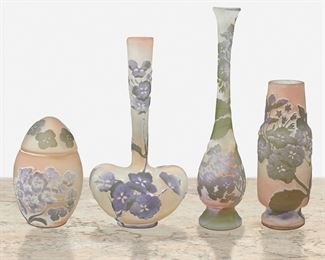 160
Four Gallé "Hydrangea" Cameo Glass Items
Late 19th/early 20th Century; Nancy, France
Three signed: Galle [starred]; One signed: Galle
Each acid-etched cameo glass with "Hydrangea" motif cut from lavender and green to peach frost, comprising a tapered bud vase, a heart-shaped bud vase, a tapered cylindrical vase, and an egg-shaped covered jar, 4 pieces
Largest: 11.5" H x 2.5" Dia.; Smallest: 5.75" H x 3.75" Dia.
Estimate: $1,200 - $1,800