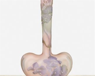 161
A Gallé Cameo Glass "Hydrangea" Bud Vase
Circa 1904-1906; Nancy, France
Signed: Galle [starred]
The heart-shaped acid-etched cameo glass "Hydrangea" vase cut from lavender and light green to pink frost
9.5" H x 5" W x 3.125" D
Estimate: $600 - $800
