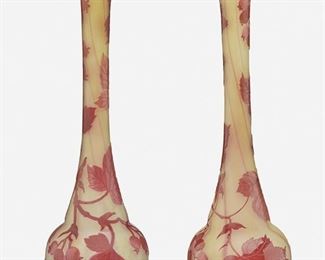 162
A Near-Pair Of Gallé Cameo Glass "Currant Berry" Bud Vases
Late 19th/early 20th Century; Nancy, France
Each signed: Galle
Each acid-etched cameo glass cut from red to pale yellow frost with "Currant Berry" motif, 2 pieces
Each: 12.25" H x 3.5" Dia.
Estimate: $700 - $900
