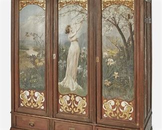 176
An Art Nouveau Hand-Painted Armoire
Late 19th/early 20th Century
The pine armoire with cavetto molding atop a three-door, two-cupboard cabinet with hand-painted doors with figural panels depicting a woman in a spring landscape, floral and ornamented borders, and floral side panels over three drawers raised on eight block feet
83" H x 72" W x 26" D
Estimate: $2,000 - $3,000