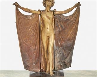 177
Carl Kauba
1865-1922, Austrian
"Open Sesame" Mechanical Nude Figure, First-Quarter 20th Century
Patinated bronze
Signed: C. Kauba
6.75" H x 5.5" W x 2.75" D; Overall: 8.25" H x 5.5" W x 2.875" D
Estimate: $1,000 - $1,500