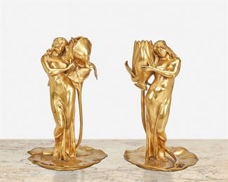 180
Alexandre Clerget
1856-1931, French
A Pair Of Art Nouveau Figural Candlesticks
Gilt-bronze
Signed: A. Clerget; Foundry mark: Siot-Decauville Fondeur / Paris
Each: 9.5" H x 5.5" Dia.
Estimate: $1,200 - $1,800