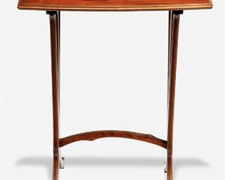 201
A Gallé Marquetry Occasional Table
Circa 1885-1904; Nancy, France
Singed in marquetry: Galle
The rectangular occasional table with marquetry landscape scene to the top over two trestle-style legs, each with three supports, joined by a stretcher and raised overall on four flared feet
30.5" H x 25.5" W x 17.5" D
Estimate: $800 - $1,200