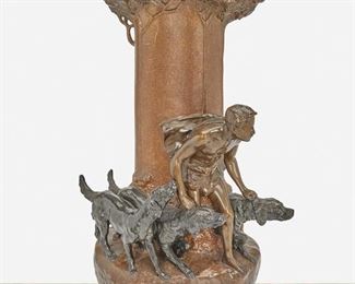 202
Friedrich Goldscheider
1845-1897, Austrian
Woodland Vase With Hunter And Dogs
Glazed terracotta
Signed and numbered: Friedrich Goldscheider / Wien / Fabrique en Autriche / 01433 42 17
25" H x 15" W x 10" D
Estimate: $600 - $800