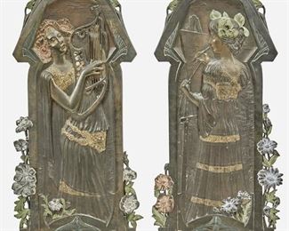 205
Two Jugendstil Cast Metal Figural Plaques
Late 19th/early 20th Century; Germany
Each marked: ME [obelisk] / Musterschutz; Further marked: 7196 / 7197
Possibly designed by Wilhelm Elster Jr. (1869-1916, German), each cast metal figural plaque with cold painted highlights and depicting the arts of music and painting, 2 pieces
Each: 28.25" H x 12" W x .25" D
Estimate: $800 - $1,200