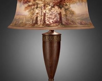 220
A Pairpoint Reverse-Painted Glass "Bombay" Table Lamp
1907-1929; New Bedford, Massachusetts
Shade signed: The Pairpoint Corp.; Base signed: Pairpoint / C 3092
The frosted glass "Bombay" shade with reverse-painted polychrome wooded landscape scene with cream borders on a three-light mahogany base with tapered body and brass filigree applique raised on a circular foot, electrified
Overall: 22.5" H x 19.5" Dia.
Estimate: $1,000 - $1,500