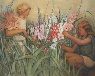 221
Marion Holden Pope
1872-1958, San Francisco, CA
Two Girls Picking Flowers
Oil on canvas
Signed lower left: Marion H. Pope
31.75" H x 42" W
Estimate: $800 - $1,200