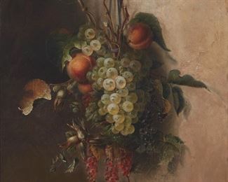 222
19th Century Belgian School
Still life with hanging fruit and leaves, 1864
Oil on canvas
Signed and dated lower left: C.A. van Belle, titled illegibly on the stretcher
18.25" H x 15" W
Estimate: $1,000 - $2,000