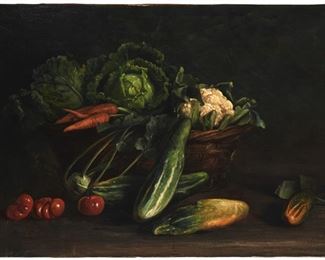223
Georg Bernhard Liebig
1873-1937, German
Still Life With Basket Of Vegetables, 1905
Oil on canvas laid to canvas
Signed and dated lower left: Bernd. Liebig
27.25" H x 37.75" W
Estimate: $700 - $900