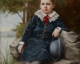 225
A Continental Porcelain Portrait Plaque
Late 19th/early 20th Century
Signed: E.G. White
The painted porcelain plaque of a young boy seated by a rock in a lakeside landscape enclosed by a giltwood foliate frame
Overall: 24" H x 20.5" W x 3" D; Sight: 12.5" H x 9" W
Estimate: $1,000 - $1,500
