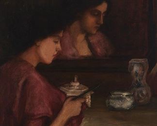 227
Late 19th Century American School
Woman seated at a dressing table mirror
Oil on canvas
Unsigned
38" H x 28" W
Estimate: $1,000 - $2,000