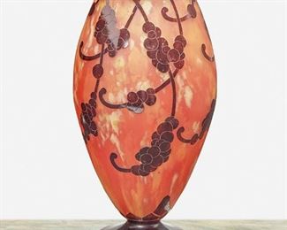 231
A Charles Schneider Le Verre Français "Perlieres" Vase
Circa 1918-1932; Paris, France
Signed: Le Verre Francais
The acid-etched cameo glass "Perlieres" vase with rotund body and footed base cut from red to mottled yellow and orange frost
14" H x 6.5" Dia.
Estimate: $800 - $1,200