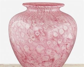 233
A Steuben Cluthra Glass Vase
Second-quarter 20th Century; Corning, New York
Signed: Steuben
The rose Cluthra glass vase, model no. 2683, with wide-shouldered body and flared neck
10.25" H x 9.75" Dia.
Estimate: $700 - $900