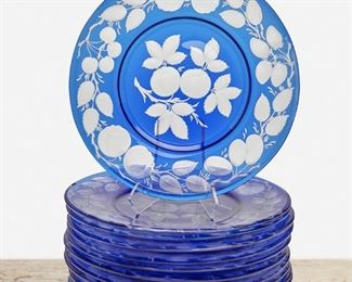 236
Twelve Pairpoint Cobalt Blue Art Glass Fruit Plates
First-quarter 20th Century; New Bedford, Massachusetts
Each cobalt blue glass cut to clear with engraved fruit motif, 12 pieces
Each: 1" H x 10.5" Dia.
Estimate: $500 - $700