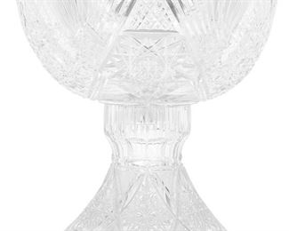 239
An American Brilliant Cut Glass Punch Bowl With Stand
Late 19th/early 20th Century
The Brilliant cut glass punch bowl and stand with hobstar and fan motif, fine crosshatching, and sawtooth scalloped edges, 2 pieces
Overall: 13.25" H x 12.25" Dia.
Estimate: $1,000 - $1,500
