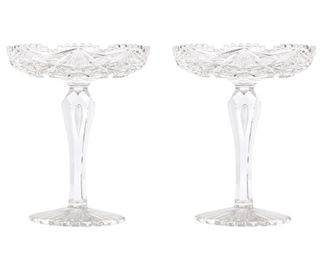 241
A Pair Of American Brilliant Cut Glass Compotes
Late 19th/early 20th Century
Each Brilliant cut glass compote with hobstar and fan motif, fine crosshatching, sawtooth scalloped edge, and a teardrop stem raised on a scalloped circular foot, 2 pieces
Each: 9.5" H x 7.75" Dia.
Estimate: $800 - $1,200